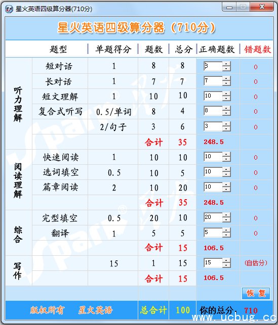 星火英语四级算分器